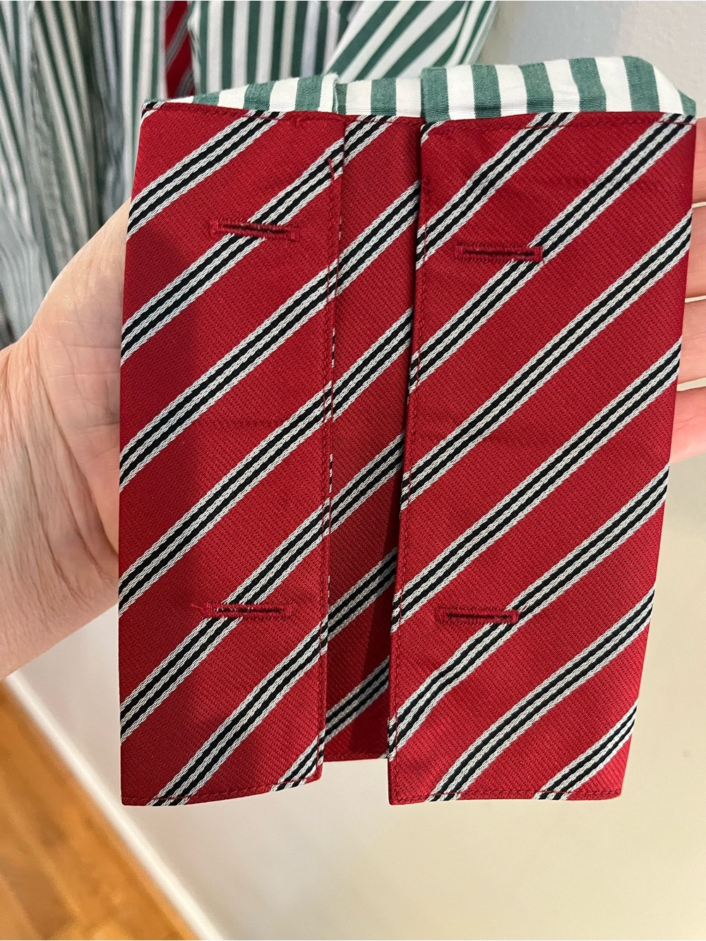 Women’s Green and White Striped Button-Up Shirt with Red Contrast Trim - Picture 4 of 7